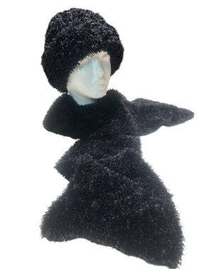 Cejon Black Shaggy Eyelash Knit Hat & 5’ Scarf Set - Soft, Cozy, Warm & Stylish
